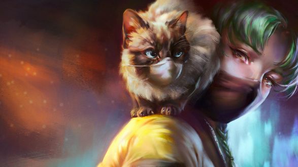 Обои на рабочий стол Девушка с котом на плече, by Ewellina Bielska