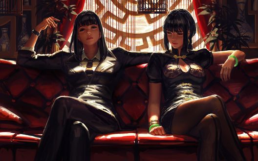 Обои на рабочий стол Девушки с длинными волосами сидят на диване, by GUWEIZ