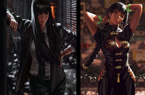 Обои на рабочий стол Две девушки с длинными волосами, by GUWEIZ