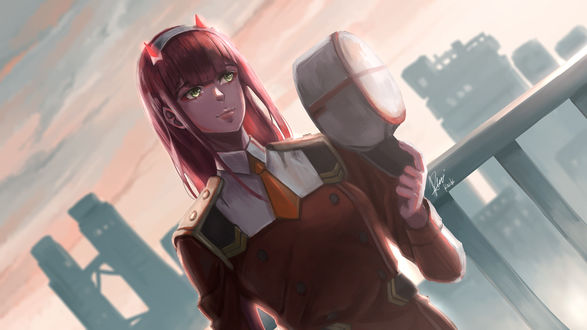 Обои на рабочий стол Zero Two / Зеро Ту из аниме Darling in the FranXX / Милый во Франксе