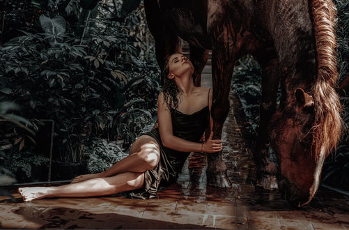 Обои на рабочий стол Девушка сидит рядом с лошадью. Фотограф Photographyzp Yana