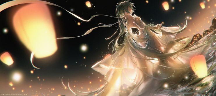 Обои на рабочий стол Vocaloid Hatsune Miku / Вокалоид Хацунэ Мику в окружении парящих фонариков