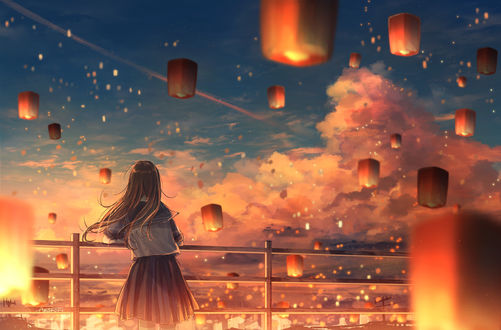Обои на рабочий стол Асашина Хиори / Asahina Hiyori из аниме Призрачный проект / Kagerou Project стоит на фоне красных фонарей парящих в небесах, аниме by Аmenomori_howa