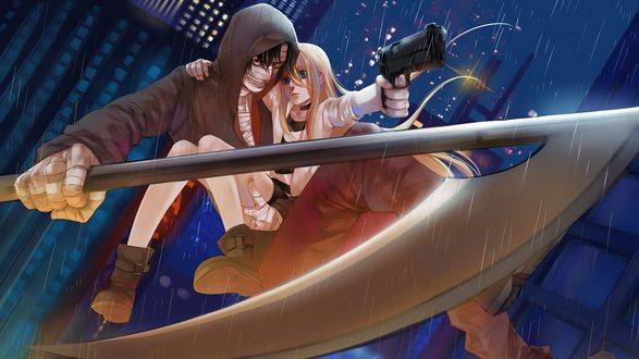 Обои на рабочий стол Rachel Gardner / Рэйчел Гарднер и Isaac Foster / Айзек Фостер / Zack из аниме Satsuriku no Tenshi / Ангел кровопролития