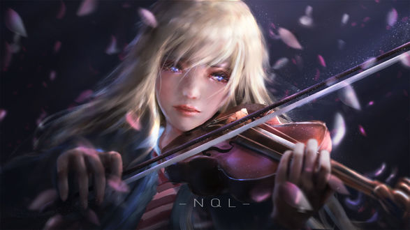 Обои на рабочий стол Kaori Miyazono / Каори Миязоно из аниме Shigatsu wa Kimi no Uso / Твоя апрельская ложь, by NQL art