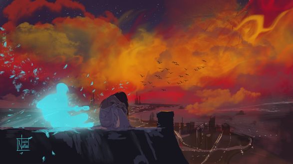Обои на рабочий стол Девушка на закате солнца грустит о парне, by Nuha Notion
