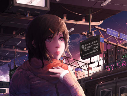 Обои на рабочий стол Девушка на железнодорожной станции, by Guweiz