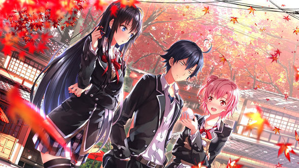 Обои на рабочий стол Yukino Yukinoshita / Юкино Юкиношита, Yui Yuigahama / Юи Юигахама и Hachiman Hikigaya / Хачиман Хикигая из аниме Yahari Ore no Seishun Love Comedy wa Machigatteiru / ак и ожидалось, моя школьная романтическая жизнь не удалась