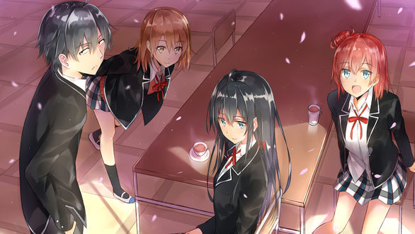 Обои на рабочий стол Yukino Yukinoshita / Юкино Юкиношита, Yui Yuigahama / Юи Юигахама, Iroha Isshiki / Ироха Ишики и Hachiman Hikigaya / Хачиман Хикигая из аниме Yahari Ore no Seishun Love Comedy wa Machigatteiru. Zoku / Как и ожидалось, моя школьная романтическая жизнь не удалась 2