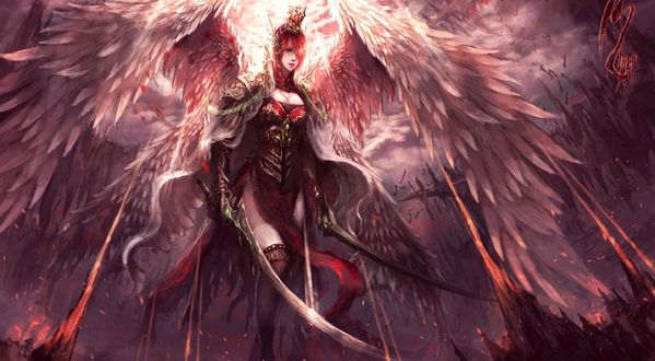 Обои на рабочий стол Девушка - ангел с крыльями держит в руках мечи, by shizen1102