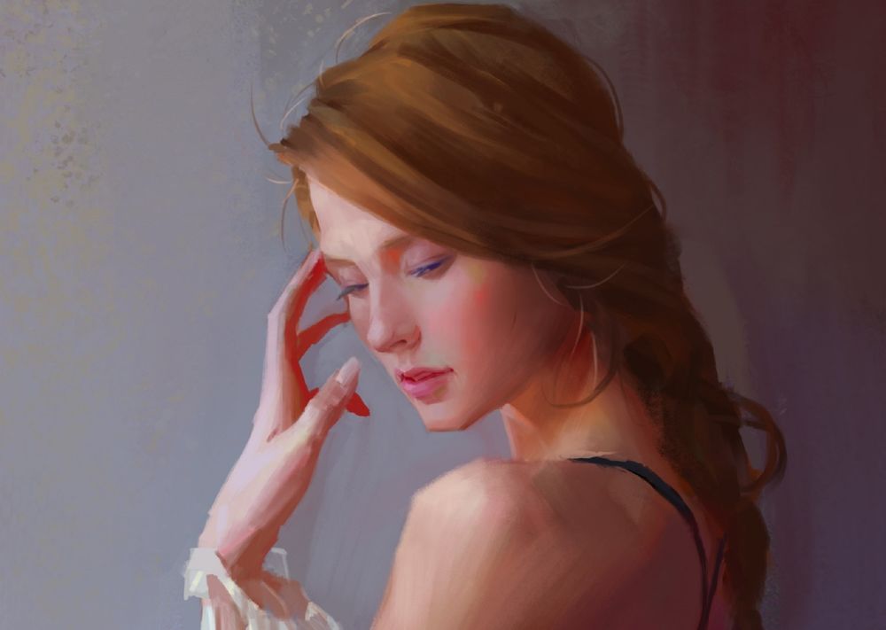 Обои для рабочего стола Девушка держит руку у лица, by Song Nan Li