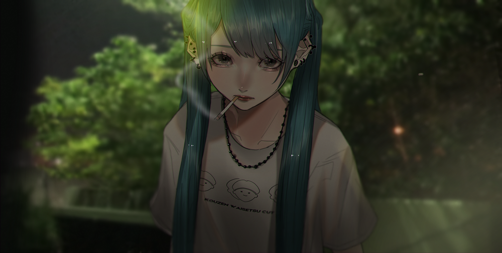 Обои для рабочего стола Вокалоид / Vokaloid Хацуне Мику / Hatsune Miku с сигаретой во рту