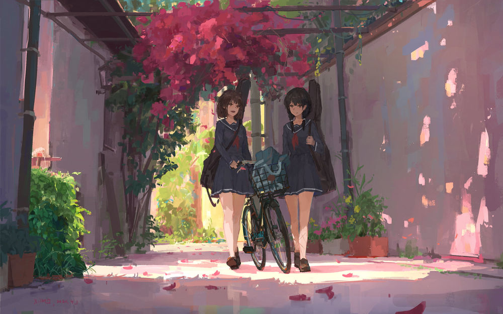 Обои для рабочего стола Девушки в школьной форме с велосипедом идут по цветущей улице, by XilmO