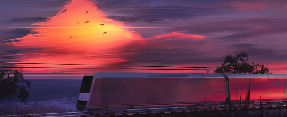 Обои для рабочего стола Поезд мчится на фоне заката солнца, by Shark90art