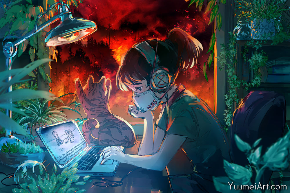 Обои на рабочий стол Девушка в маске и наушниках сидит за компьютером, аниме арт by Yuumei, обои для рабочего стола, скачать обои, обои бесплатно