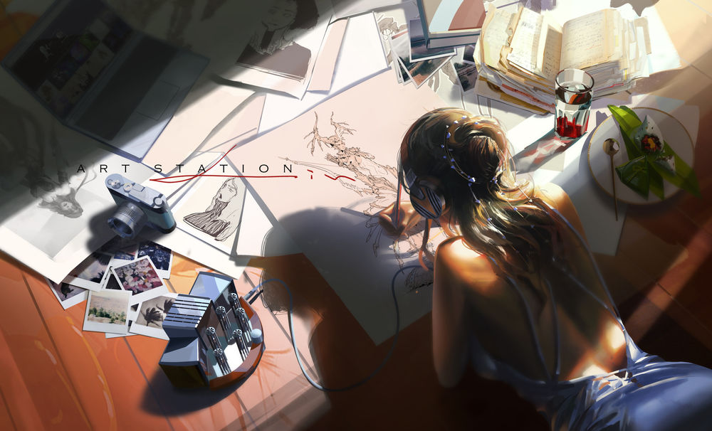 Обои для рабочего стола Девушка художник в наушниках рисует лежа на полу, АРТ Станция / ART Station, by lin-a / LIN