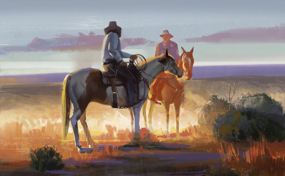Обои для рабочего стола Два ковбоя на лошадях в прерии, digital art by lin-a / LIN