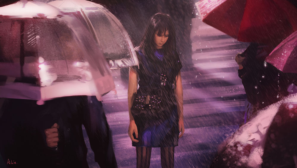 Обои для рабочего стола Девушка стоит на улице под дождем, by A LIN