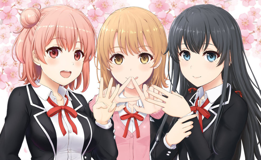 Обои для рабочего стола Yui Yuigahama / Юи Юигахама, Iroha Isshiki / Ироха Ишики и Yukino Yukinoshita / Юкино Юкиношита из аниме Yahari Ore no Seishun Love Comedy wa Machigatteiru. Zoku / Как и ожидалось, моя школьная романтическая жизнь не удалась 2