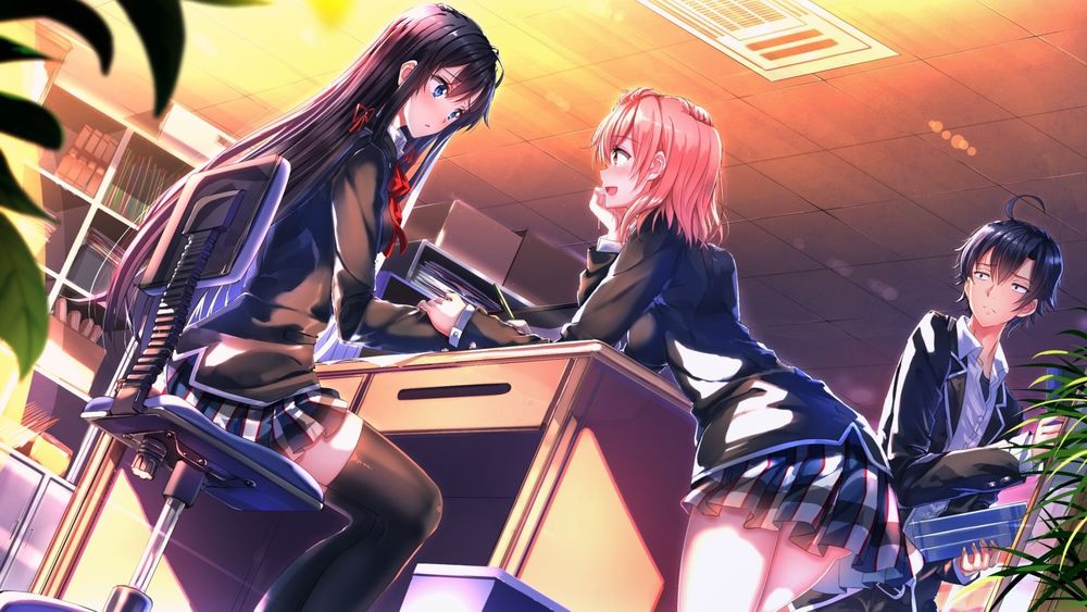 Обои для рабочего стола Yukino Yukinoshita / Юкино Юкиношита, Yui Yuigahama / Юи Юигахама и Hachiman Hikigaya / Хачиман Хикигая из аниме Yahari Ore no Seishun Love Comedy wa Machigatteiru / Как и ожидалось, моя школьная романтическая жизнь не удалась
