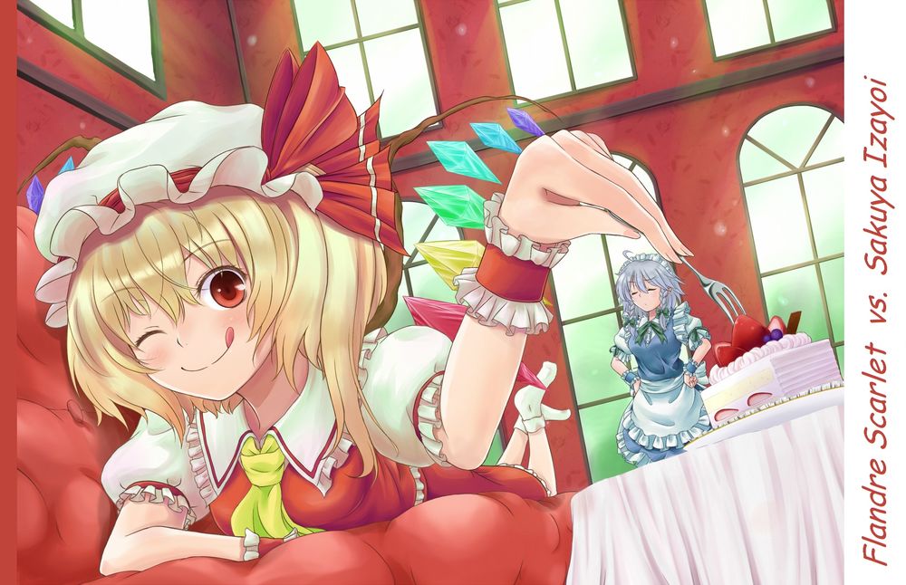 Обои для рабочего стола Flandre Scarlet / Фландре Скарлет, лежа на диване ест пирожное, рядом стоит горничная Sakuya Izayoi из серии компьютерных игр Touhou Project / Проект «Восток»