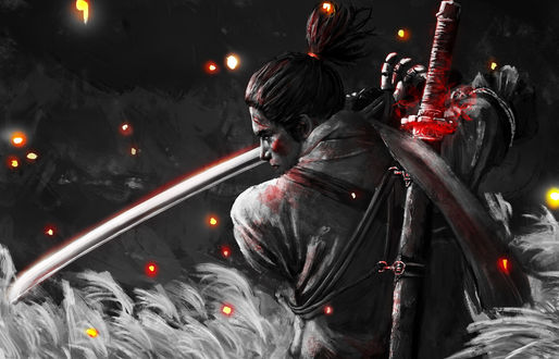 Обои на рабочий стол Персонаж из игры Sekiro, Shadows Die Twice с оружием стоит к нам спиной, автор Adriаn Pristаs