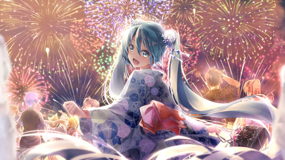 Обои на рабочий стол Vocaloid Hatsune Miku / вокалоид Хатсуне Мику стоит на фоне салюта