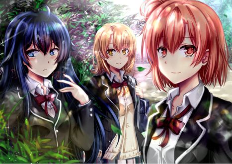Обои на рабочий стол Yui Yuigahama / Юи Юигахама, Iroha Isshiki / Ироха Ишики и Yukino Yukinoshita / Юкино Юкиношита из аниме Yahari Ore no Seishun Love Comedy wa Machigatteiru. Zoku / Как и ожидалось, моя школьная романтическая жизнь не удалась 2