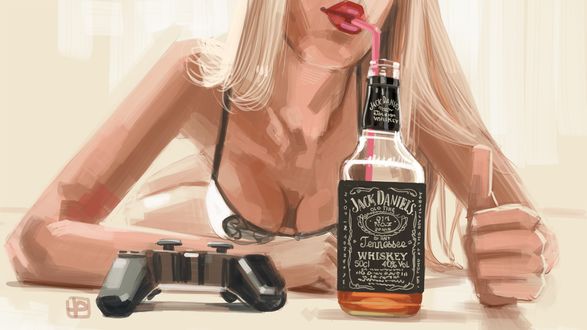 Девушка, бутылка, ноги, гольфы, алкоголь, jack daniels, виски обои на телефон (фото, картинки)