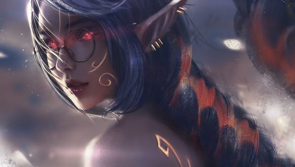 Обои на рабочий стол Девушка - эльф с красными глазами, фэнтези арт by _Z eD_