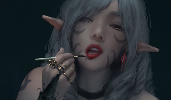 Обои на рабочий стол Девушка - эльф красит губки, фэнтези арт by _Z eD_