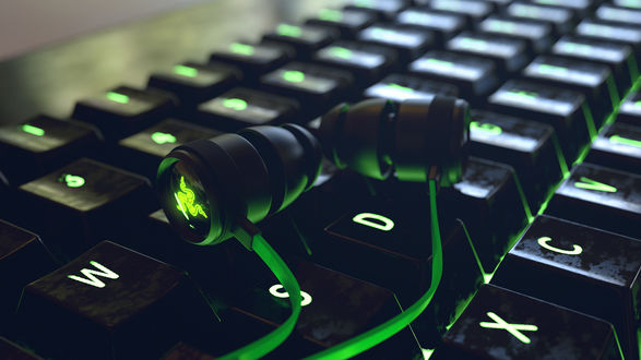 Обои на рабочий стол Зеленая клавиатура и наушники Рейзер / Razer