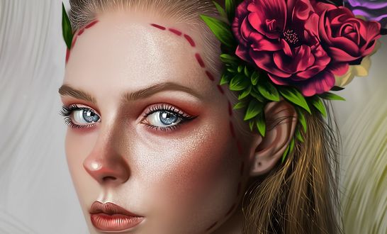 Обои на рабочий стол Девушка с розами на волосах, by Yasar VURDEM