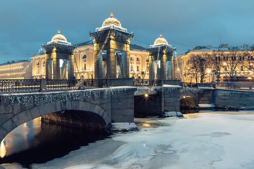 Обои на рабочий стол Мост Ломоносова на реке Фонтанка зимой, Санкт-Петербург, Россия, фотограф Писарев Александр