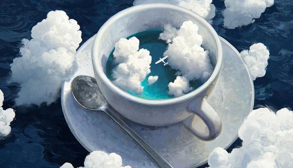 Обои на рабочий стол Чайная чашка с небом и самолетом внутри, art by Rhads / Артем Чебоха
