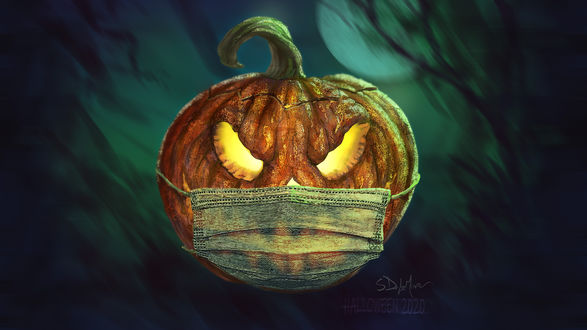 Обои на рабочий стол Светильник Джека в маске от коронавируса (Halloween 2020), by Steve De La Mare