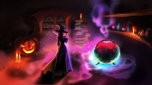 Обои на рабочий стол Ведьма в своем логове стоит перед котлом и колдует, by Chibionpu