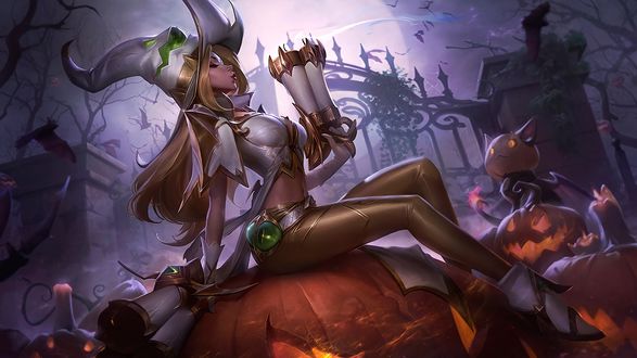 Обои на рабочий стол League of Legends Хеллоуин Miss Fortune / девушка в шляпке