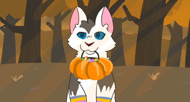Обои на рабочий стол Работа Happy Halloween / Счастливого Хэллоуина, кот с корзиной в виде тыквы