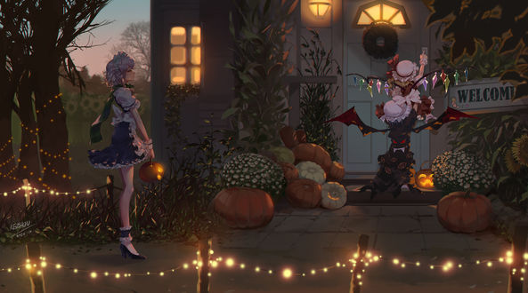 Обои на рабочий стол Remilia & Flandre Scarlet с Sakuya Izayoi / Сакуя Изаеи готовят сюрприз на Хеллоуин, из серии компьютерных игр Touhou Project / Проект «Восток», by Kezhou