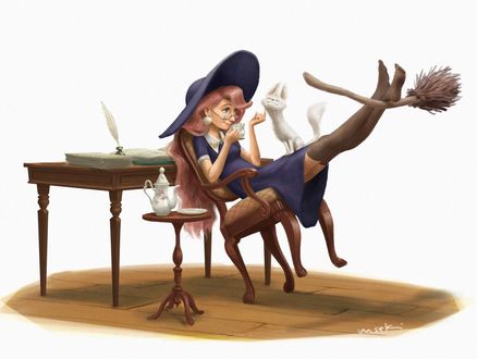 Обои на рабочий стол Ведьма с чашкой в руке гладит кошку, by Masae Seki