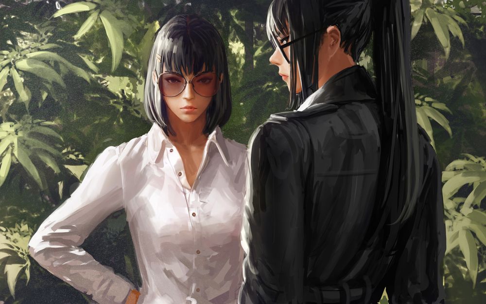Обои для рабочего стола Две девушка в белой блузе и черном жакета стоят друг напротив друга, автор GUWEIZ
