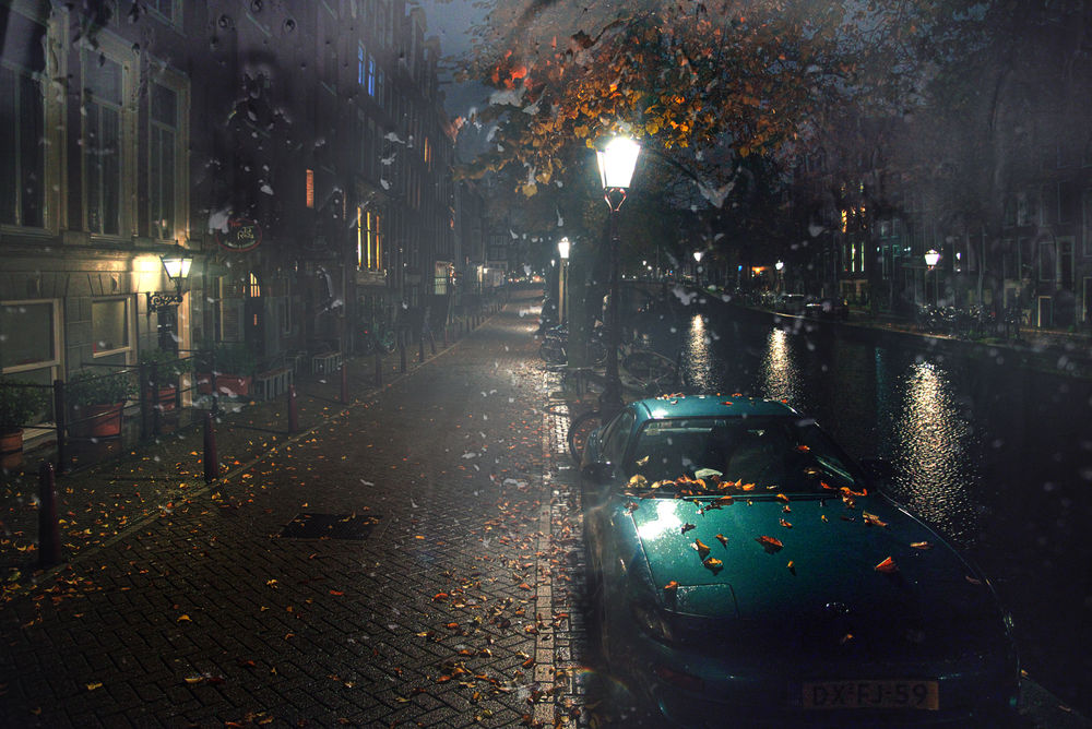 Обои для рабочего стола Синее авто под опавшими осенними листьями на улице в свете фонаря осень. Амстердам. Фотограф Гордеев Эдуард
