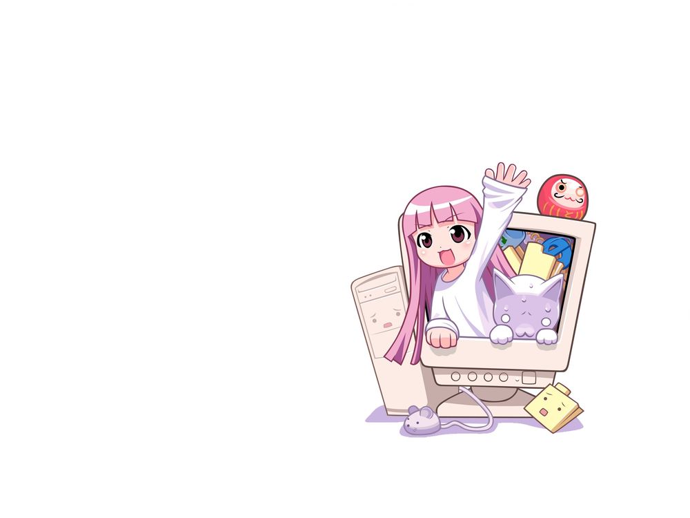 Обои для рабочего стола Розоволосая девушка с котенком торчит из компьютера