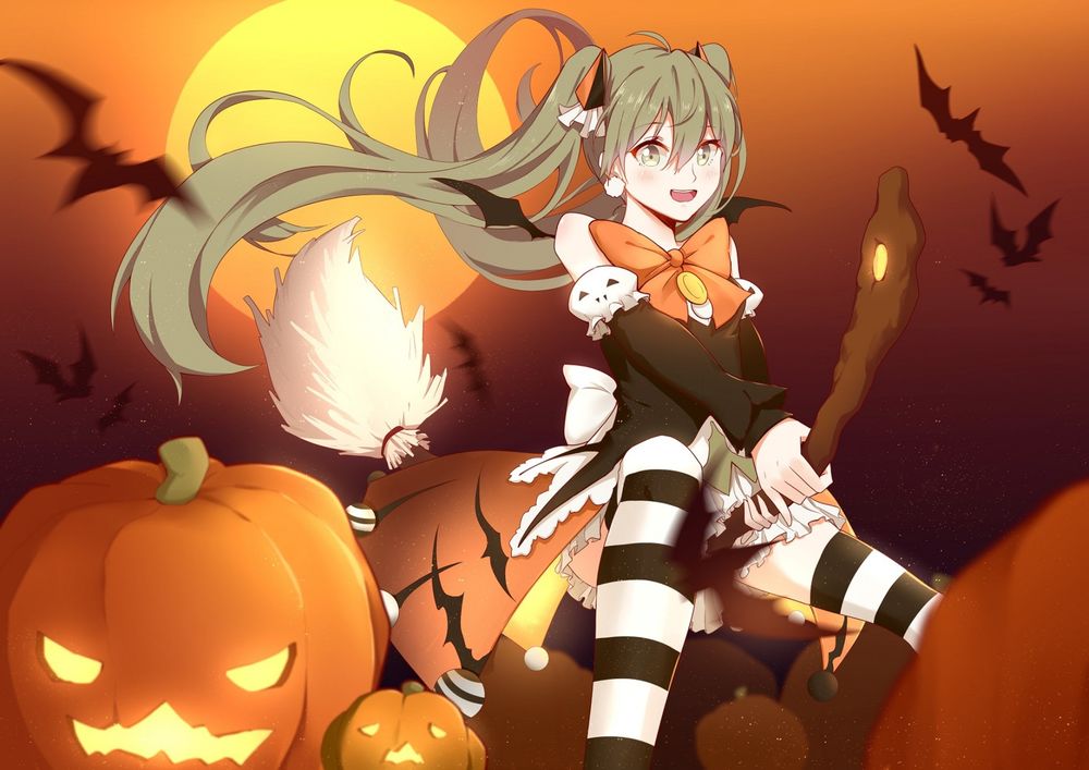 Обои для рабочего стола Vocaloid Hatsune Miku / вокалоид Хатсуне Мику на метле на фоне полной Луны среди тыкв и летучих мышей летит на Halloween