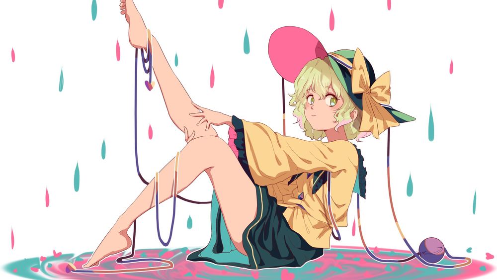 Обои для рабочего стола Босая Komeiji Koishi / Комейдзи Коиши сидит в разноцветной луже из игры Touhou project / Проект Восток