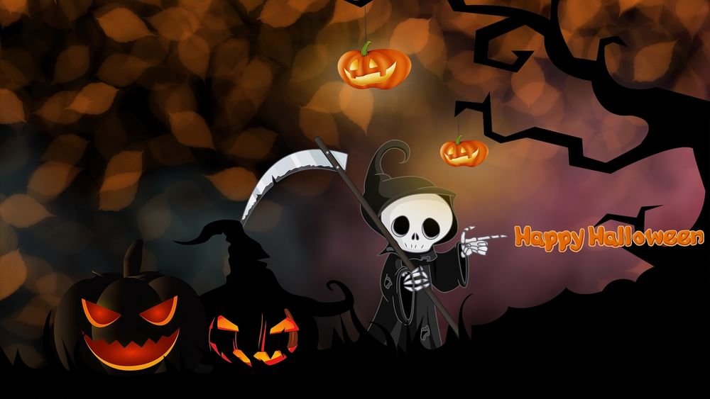 Обои для рабочего стола Образ смерти с косой и фанатиками Джека / Happy Halloween / Счастливого Хеллоуина