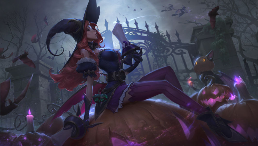 Обои для рабочего стола Мисс Фортуна / Miss Fortune из игры Лига Легенд / League of Legends в канун Дня Всех Святых, by Art of Maki