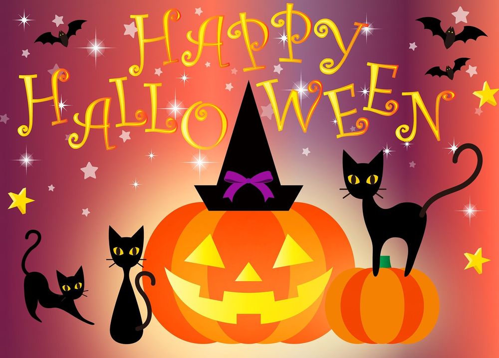 Обои для рабочего стола Фон с надписью Happy Halloween / счастливого Хэллоуина, черными кошками, светильником Джека и летучими мышами, автор AnnaliseArt