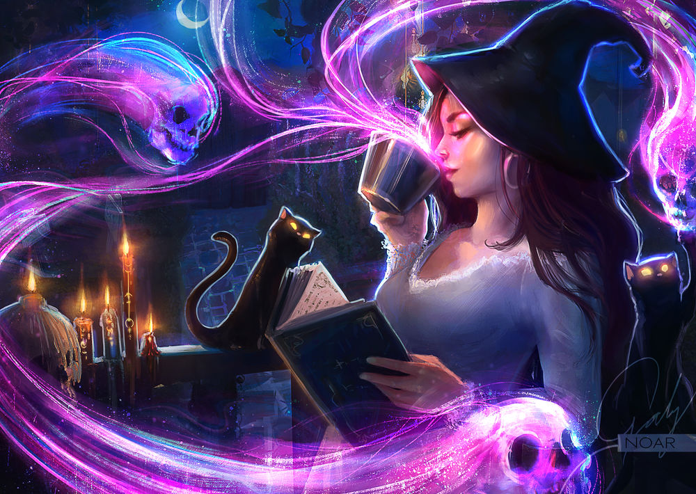 Обои для рабочего стола Девушка - волшебница в шляпе с чашкой и книгой в руках сидит в окружении черных котов и духов летающих вокруг, by phoenixnightmare